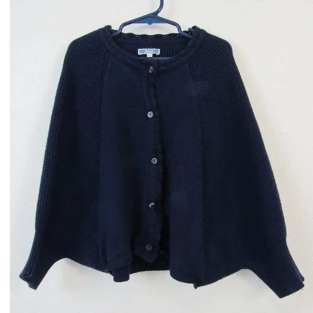 Jacadi Paris Girls 10-12 Knit Sweater Button Front Cape Pocho Navy Blue Wool